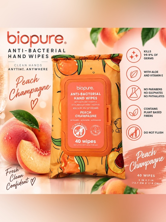 Other - Biopure Anti-Bacterial Hand Wipes – Peach Champagne – 40 Count